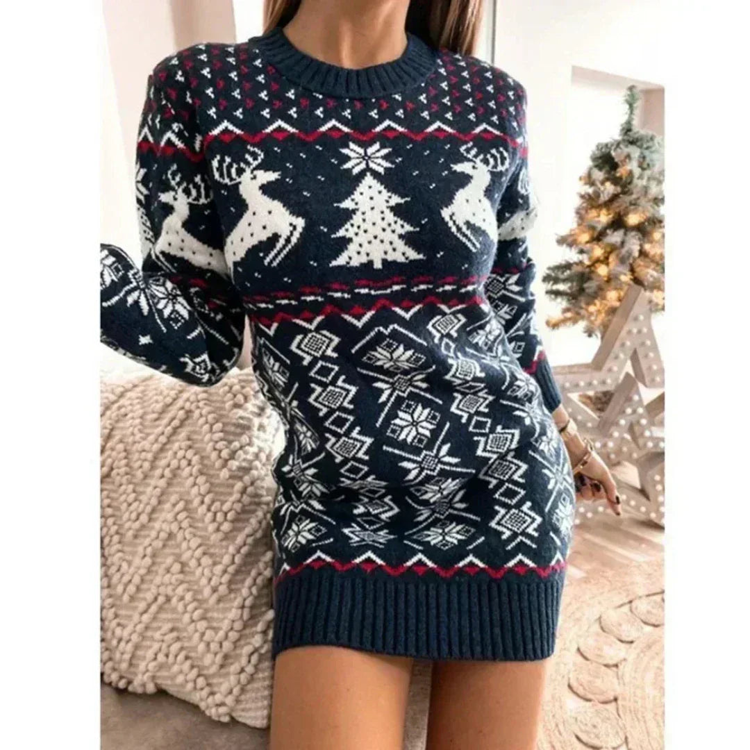 Knitted Women's Mini Christmas Dress with Long Sleeves and Reindeer Print